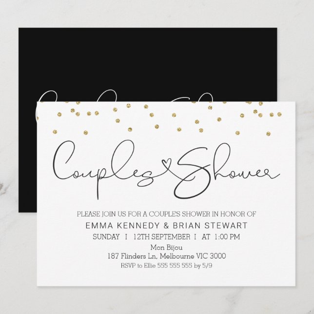 Calligraphy gold dots couples shower invitation (Front/Back)