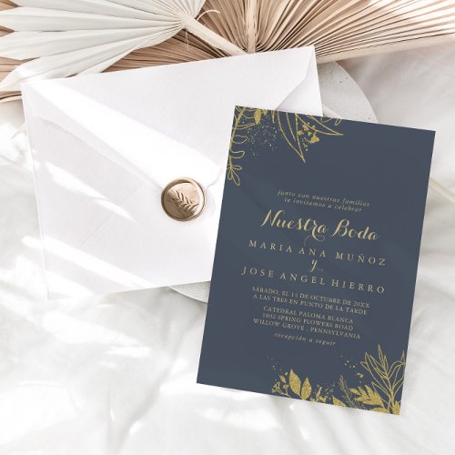 Calligraphy Gold Foliage Blue Nuestra Boda Wedding Invitation