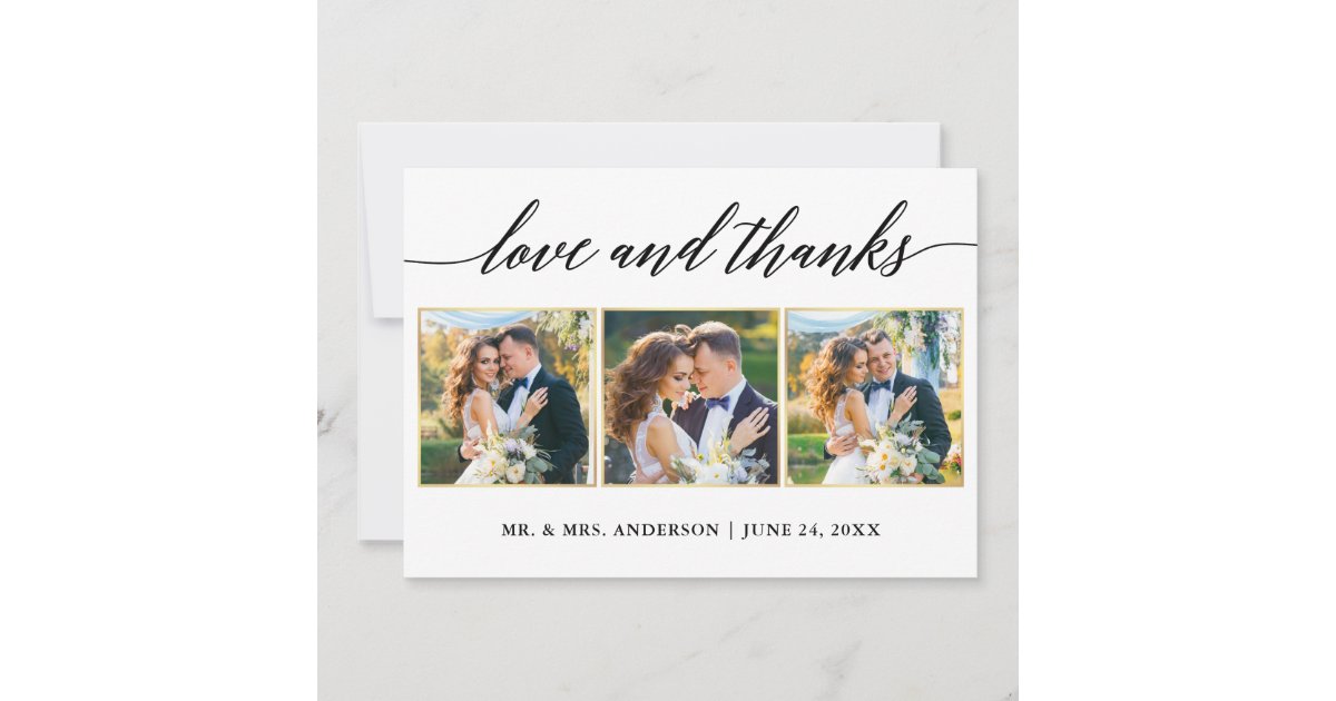 Calligraphy Gold Frame Love Thanks Wedding 3 Photo Thank You Card | Zazzle