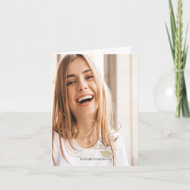 Calligraphy Gold Glitter Graduation Cap Photo Thank You Card | Zazzle
