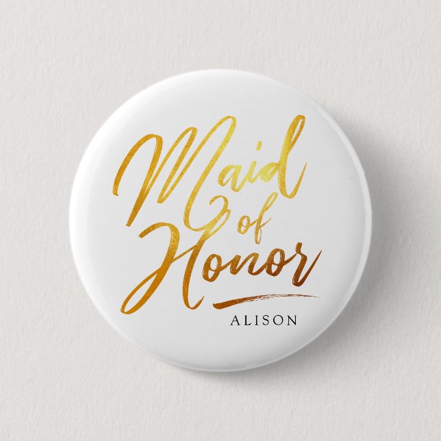 Calligraphy  Gold Maid of Honor elegant Button (Front)