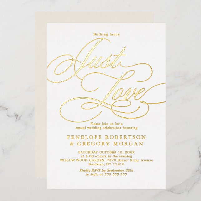Calligraphy gold nothing fancy just love  wedding foil invitation (Front/Back)