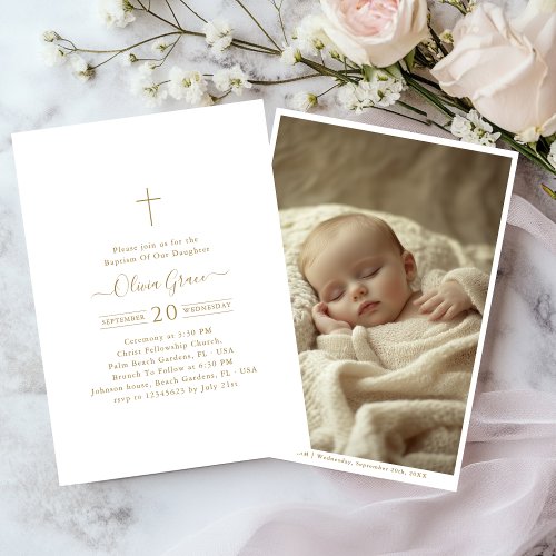 Calligraphy Gold Photo Gender Neutral Baptism Invitation