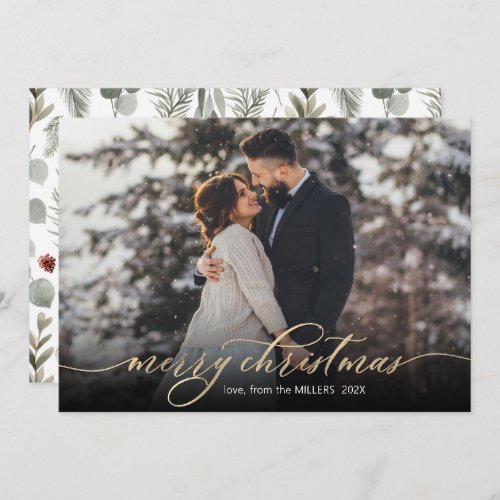 Calligraphy Gold Script Foliage Photo Christmas  Holiday Card