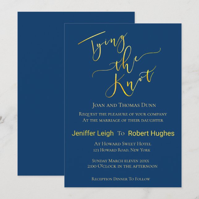Calligraphy Gold Tying the Knot Foil Wedding Invitation (Front/Back)