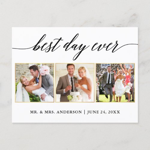 Calligraphy Gold Wedding 3 Photo Best Day Ever Postcard