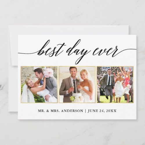 Calligraphy Gold Wedding 3 Photo Best Day Ever Thank You Card