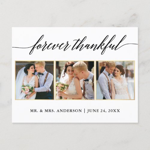 Calligraphy Gold Wedding 3 Photo Forever Thankful Postcard