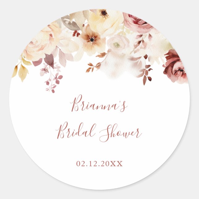 Calligraphy Graceful Floral Bridal Shower Favor Classic Round Sticker (Front)