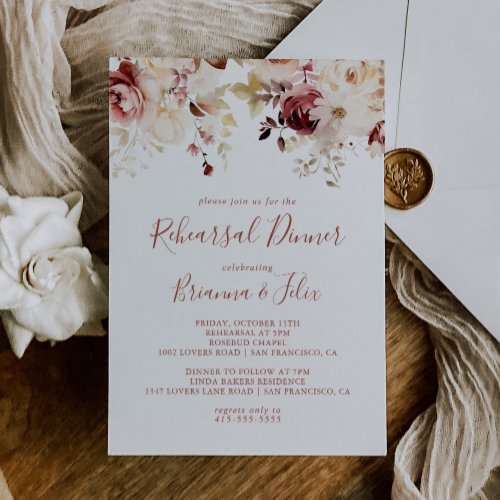 Calligraphy Graceful Floral Rehearsal Dinner Invitation