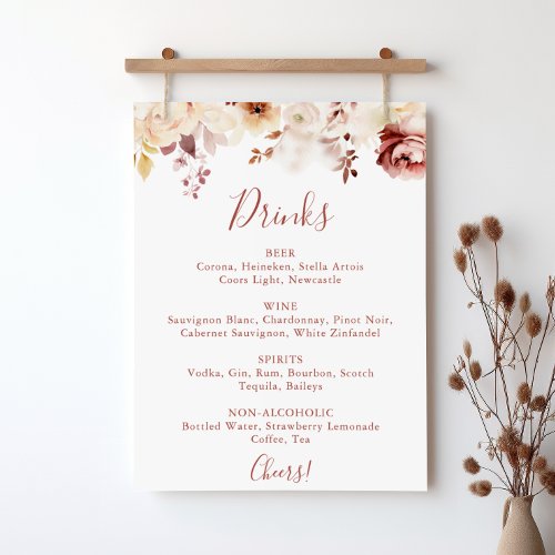 Calligraphy Graceful Floral Wedding Drinks Menu  Poster