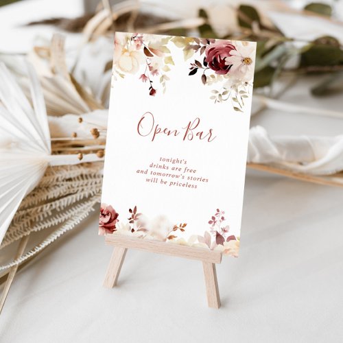Calligraphy Graceful Floral Wedding Open Bar Sign