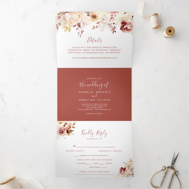 Calligraphy Graceful Floral Wedding Tri-Fold Invitation (Inside)