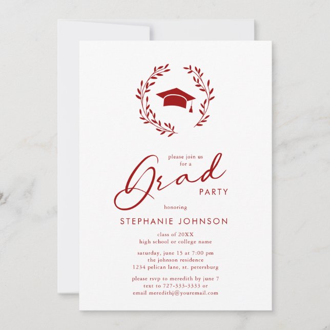 Calligraphy Grad Cap Crimson Graduation Party Invitation (Front)
