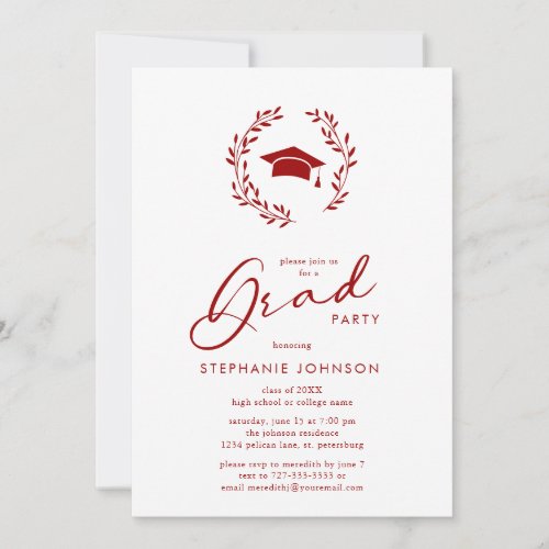 Calligraphy Grad Cap Crimson Graduation Party Invitation