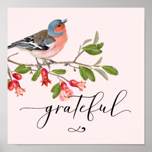 Calligraphy Grateful Watercolor Bird Flower Pink Poster