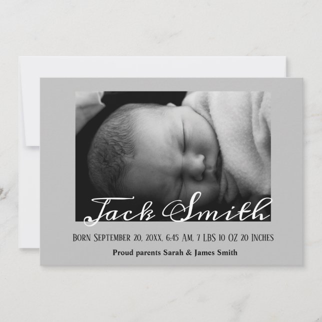 Calligraphy Gray Baby Boy Photo Birth Announcement (Front)