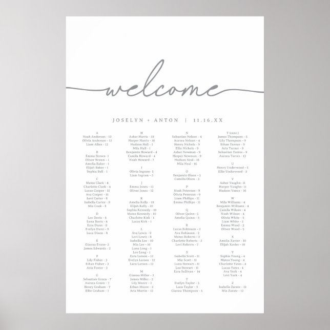Calligraphy Gray Chic Wedding Seating Chart (Front)