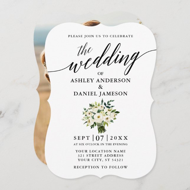 Calligraphy Green Floral Bouquet Photo Wedding Invitation (Front/Back)