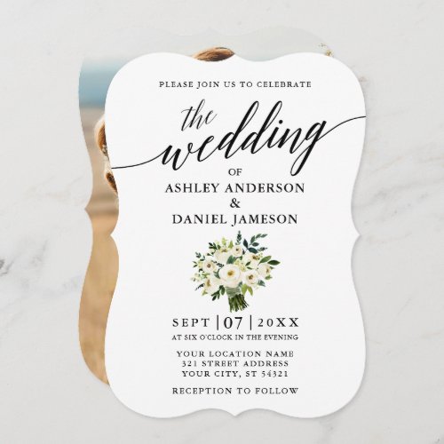 Calligraphy Green Floral Bouquet Photo Wedding Invitation
