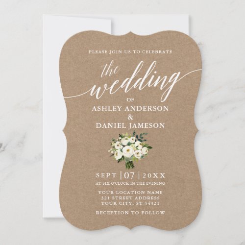 Calligraphy Green Floral Bouquet Wedding Kraft Invitation