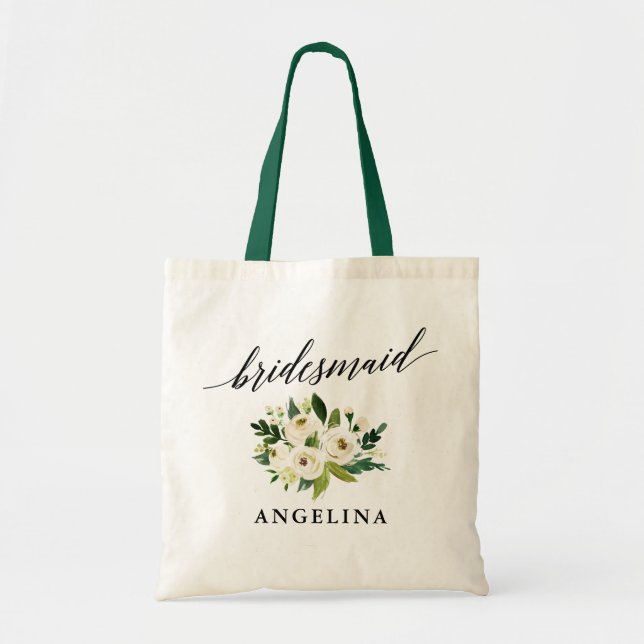 Calligraphy Green Floral Bridesmaid Name Tote Bag (Front)