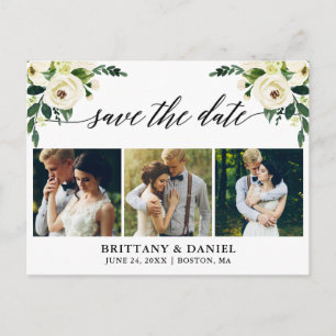 Calligraphy Green Floral Save The Date 3 Photo Announcement Postcard