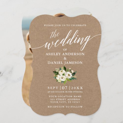 Calligraphy Green Floral Wedding Kraft Photo Invitation