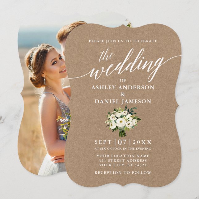 Calligraphy Green Floral Wedding Photo Kraft Invitation (Front/Back)