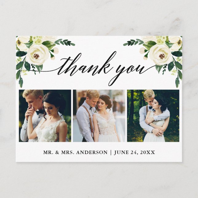 Calligraphy Green Floral Wedding Photo Thank You Postcard (Front)