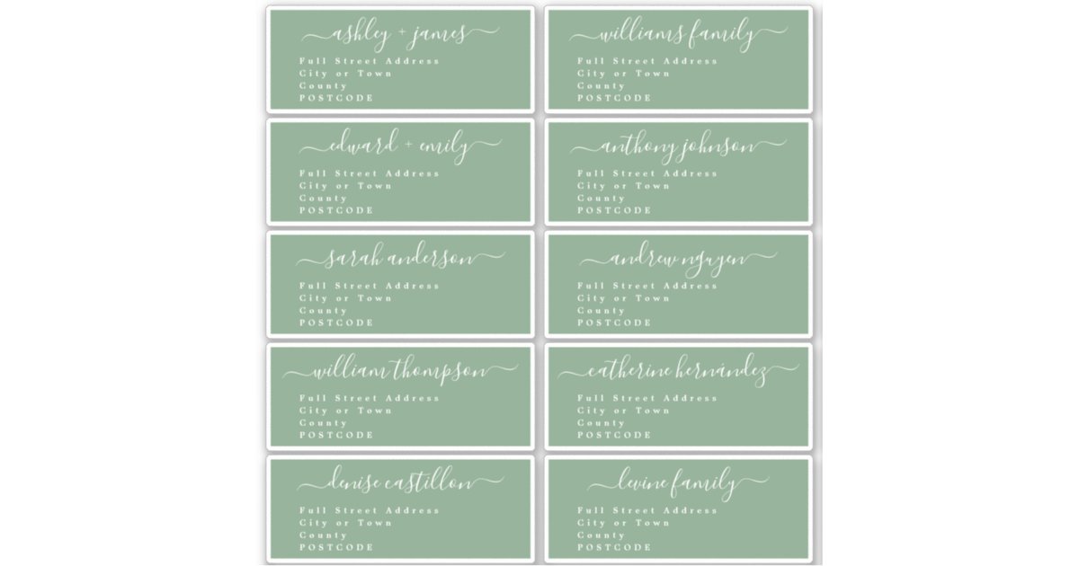 Calligraphy Green Guest Address Labels UK Layout Zazzle