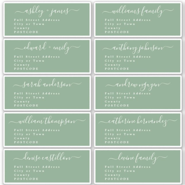 Calligraphy Green Guest Address Labels UK Layout (Front)