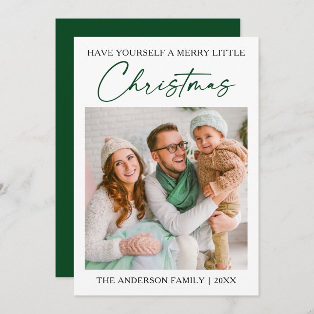 Calligraphy Green Ink Pen Minimalist Photo Holiday Card (Front/Back)