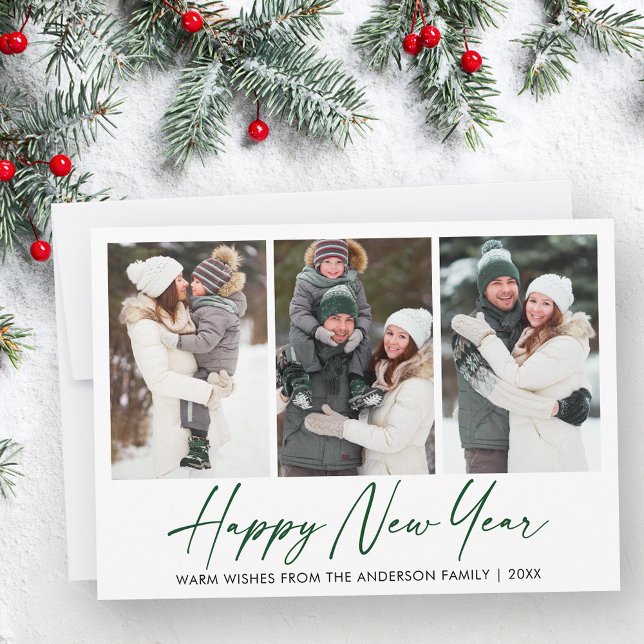Calligraphy Green Ink Pen New Year 3 Photo Holiday Card (Customize to change your personalized text size or style.)