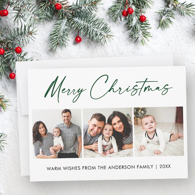 Calligraphy Green Ink Script 3 Photo Christmas Holiday Card (Customize to change your personalized text size or style.)