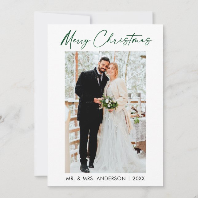 Calligraphy Green Ink Script Wedding Photo Holiday Card (Front)