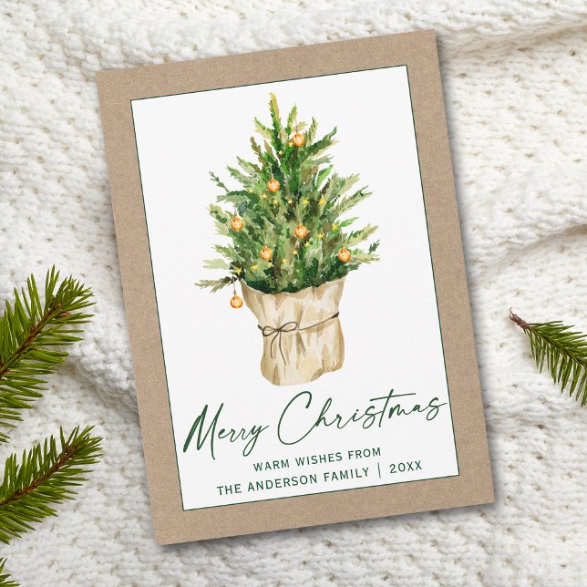 Calligraphy Green Ink Watercolor Pine Tree Kraft Holiday Card (Customize to add text to back of card.)