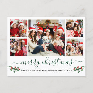 Calligraphy Green Merry Christmas Holly 5 Photo Postcard
