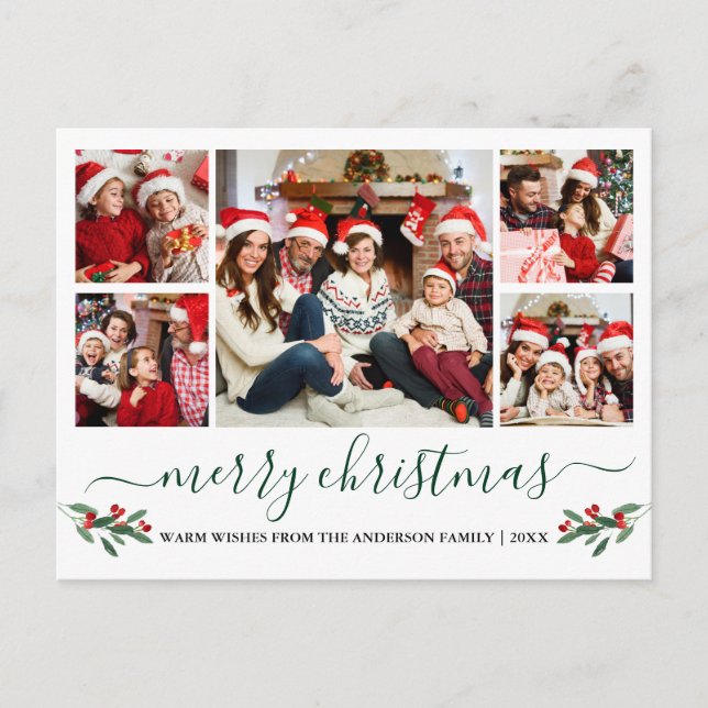 Calligraphy Green Merry Christmas Holly 5 Photo Postcard (Front)