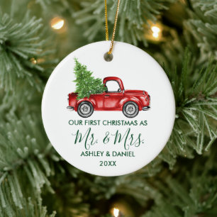 Calligraphy Green Mr. Mrs. Christmas Red Truck Ceramic Ornament