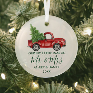 Calligraphy Green Mr. Mrs. Christmas Red Truck Glass Ornament