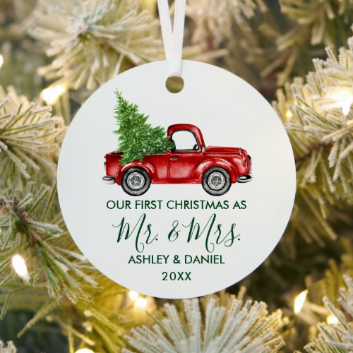 Calligraphy Green Mr Mrs Christmas Red Truck Metal Ornament