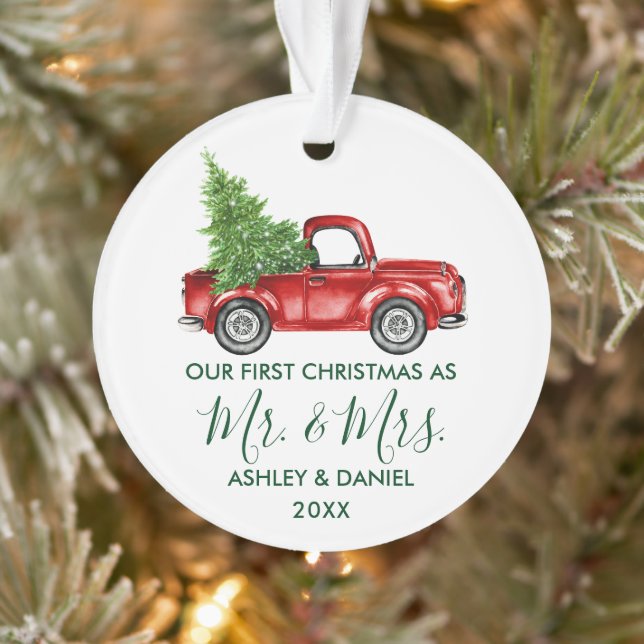 Calligraphy Green Mr. Mrs. Christmas Red Truck Ornament (Tree)