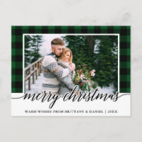 Calligraphy Green Plaid Couple Photo Christmas