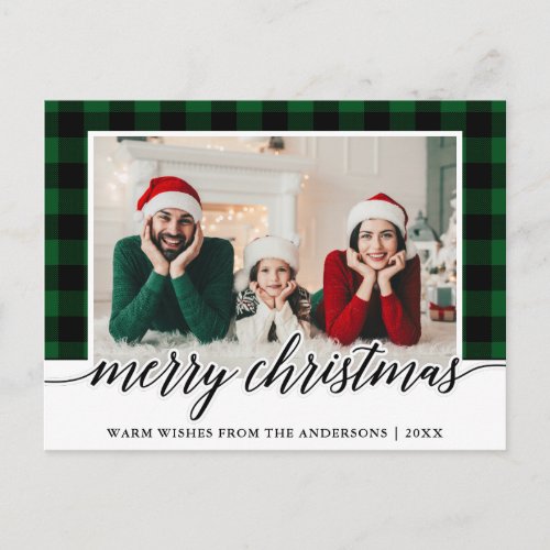 Calligraphy Green Plaid Family Photo Christmas Postcard