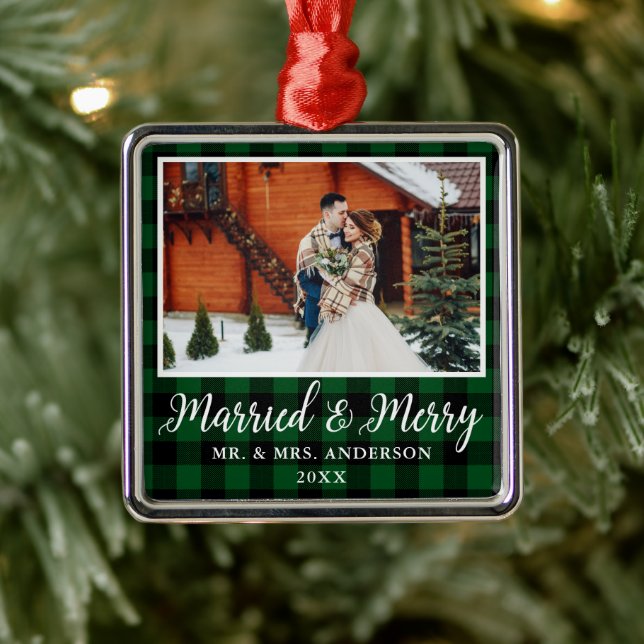 Calligraphy Green Plaid Married and Merry Metal Ornament (Tree)