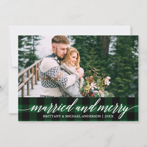 Calligraphy Green Plaid Married and Merry Wedding Holiday Card