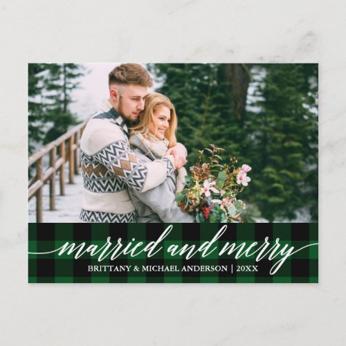 Calligraphy Green Plaid Married and Merry Wedding Postcard