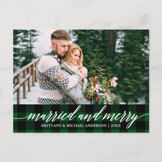 Calligraphy Green Plaid Married and Merry Wedding Postcard (Front)