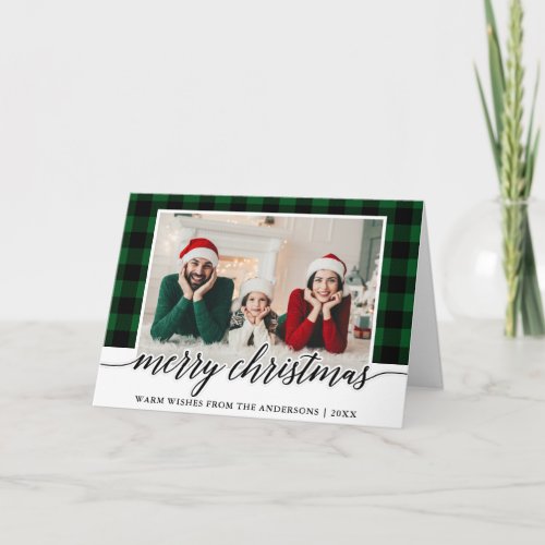 Calligraphy Green Plaid Photo Christmas Fold Holiday Card